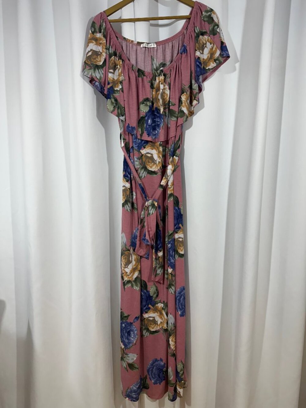 Emerald 3X Pink Floral Off Shoulder Maxi Dress Blue Roses Plus Size Summer